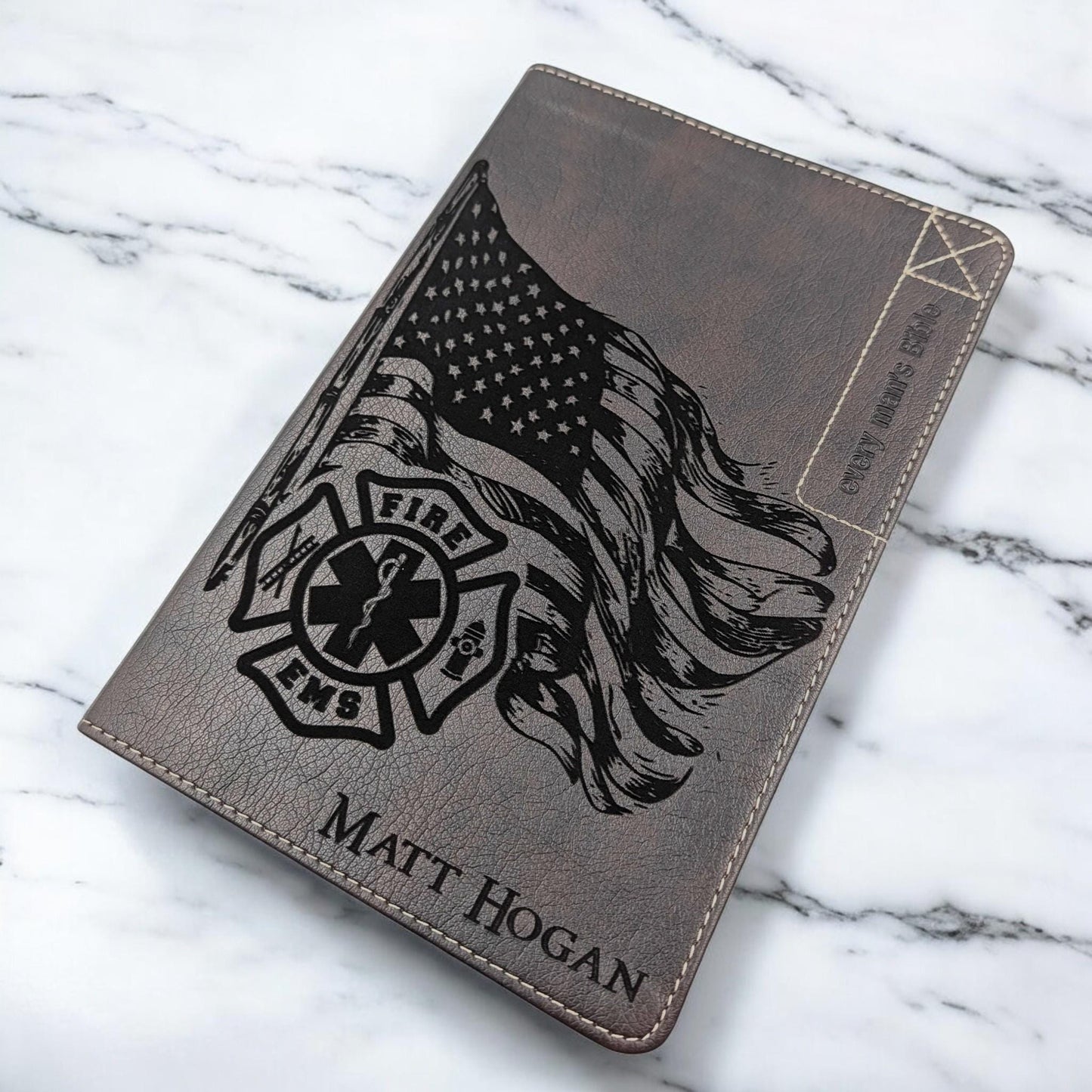Personalized Every Man's Bible NLT: Engraved EMS and Firefighter, Brown Deluxe Edition