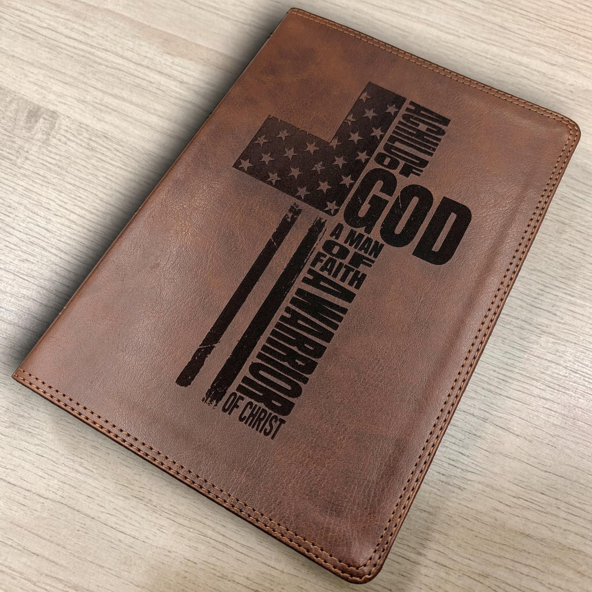 Personalized ESV Bible Giant Print: Engraved Warrior of Christ Cross Design, Deep Brown Leatherlike