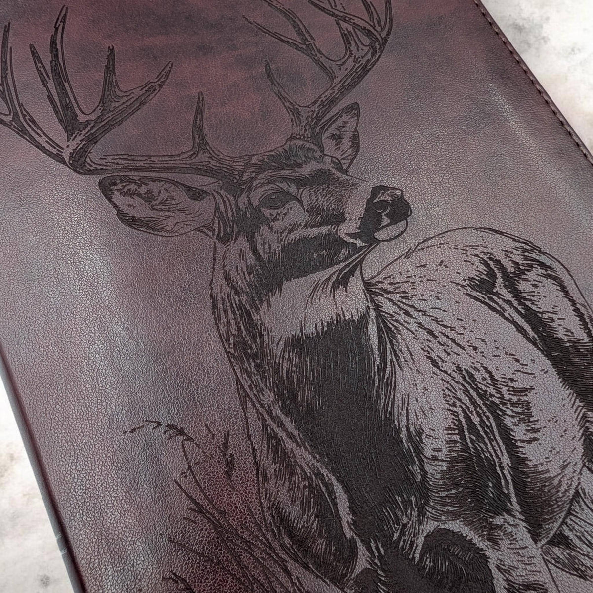 Personalized ESV Thinline Bible Large Print: Engraved Buck Deer Design, Mahogany Leatherlike Cover