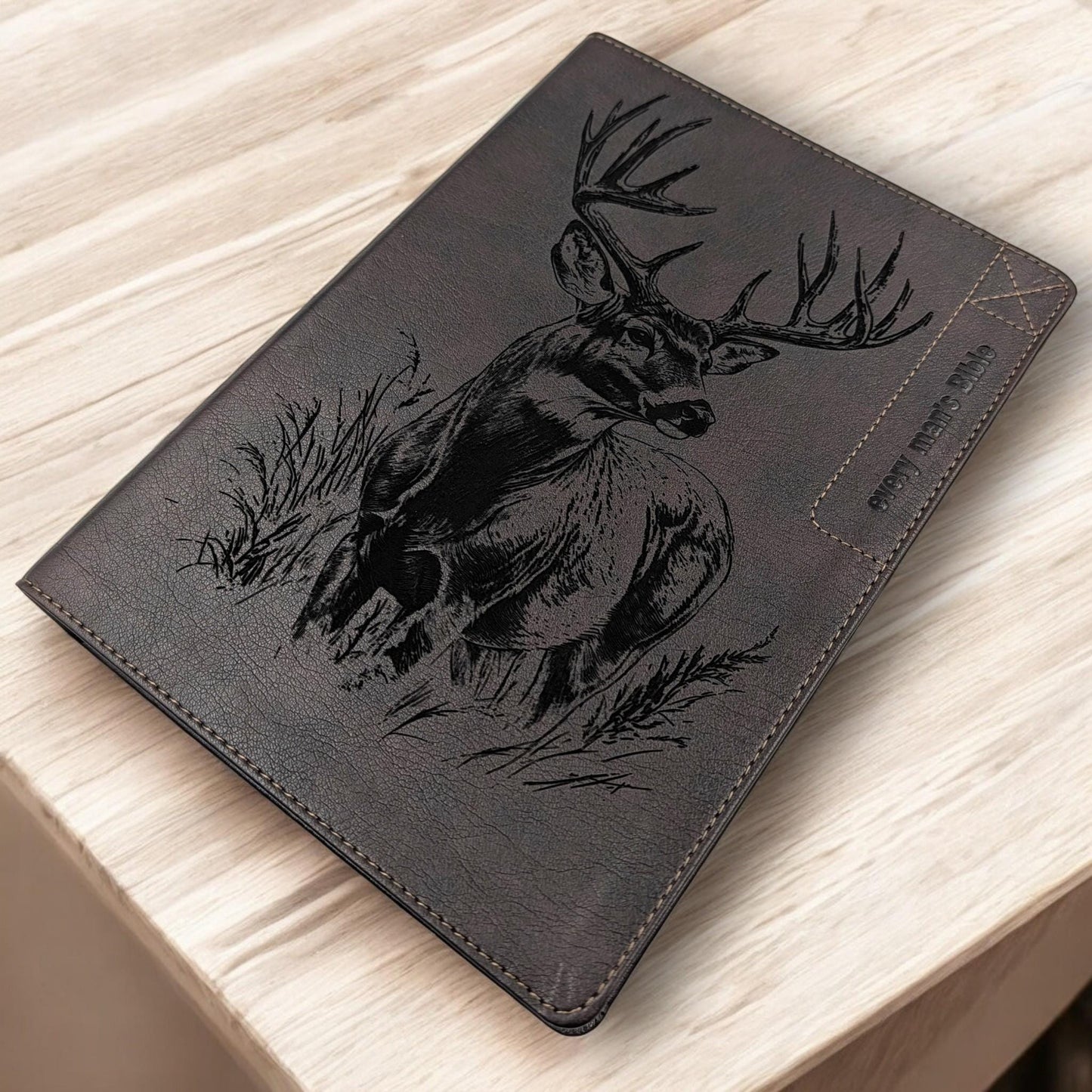 Personalized Every Man's Large Print NIV Bible: Engraved Buck Deer, Brown Leatherlike