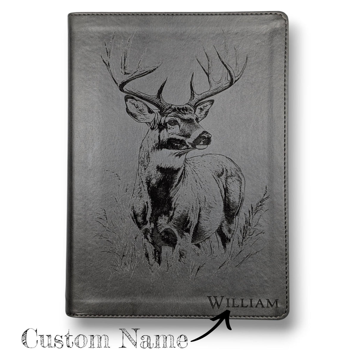 Personalized CSB He Reads Truth Bible: Engraved Buck Deer, Gray Leatherlike, Wide Margin