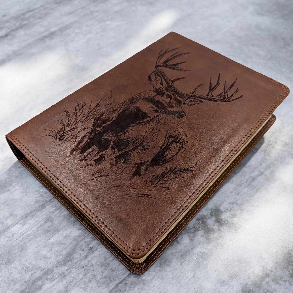 Personalized ESV Bible Giant Print: Engraved Buck Deer, Deep Brown Leatherlike