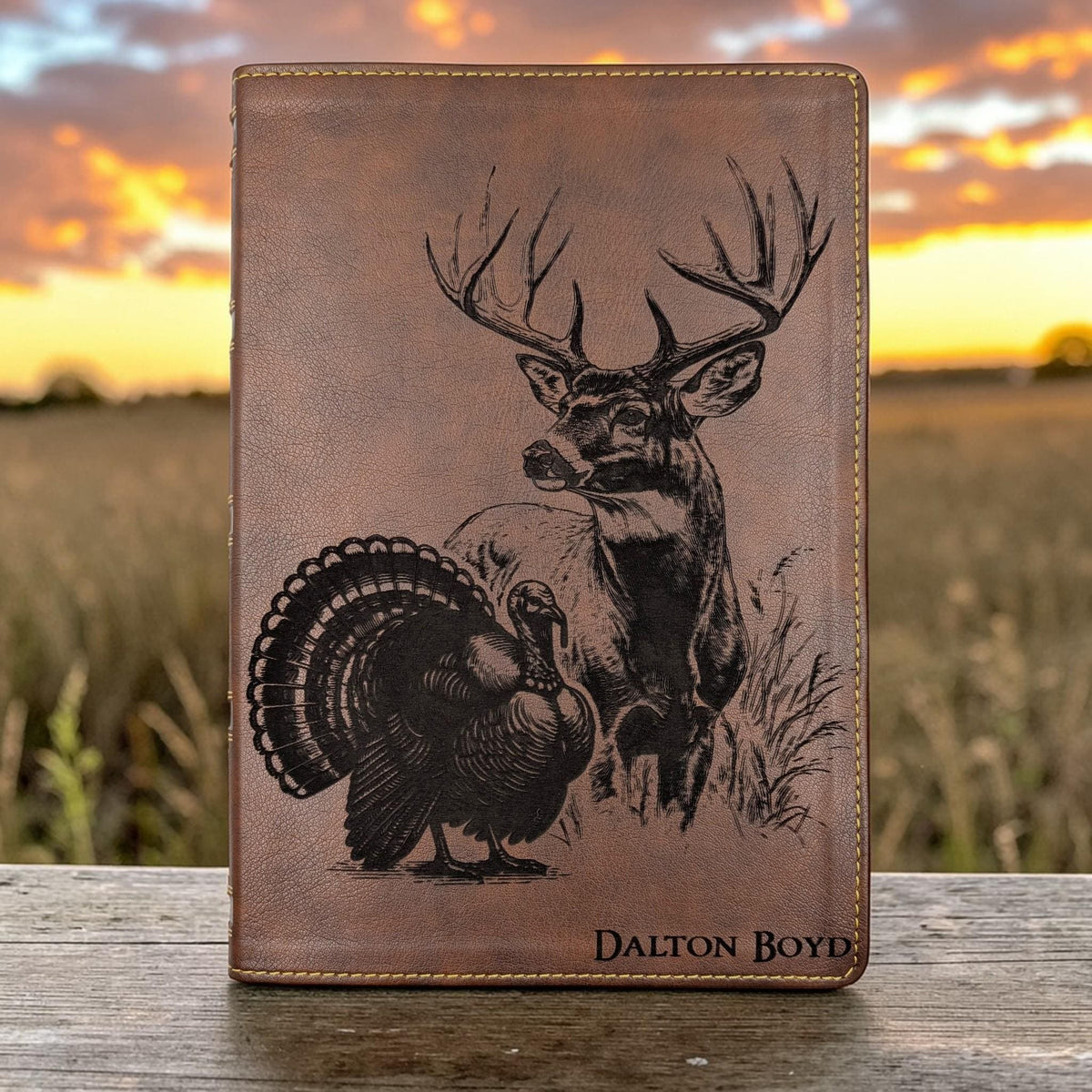 Personalized NKJV Bible with References: Engraved Buck Deer and Turkey, Wide Margins
