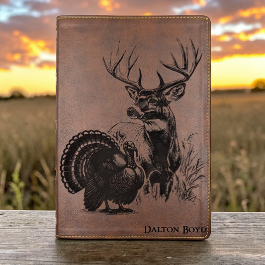 Personalized NKJV Bible with References: Engraved Buck Deer and Turkey, Wide Margins