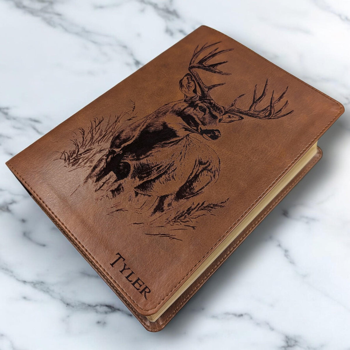 Personalized CSB He Reads Truth Bible: Engraved Buck Deer, Brown Leatherlike, Wide Margin