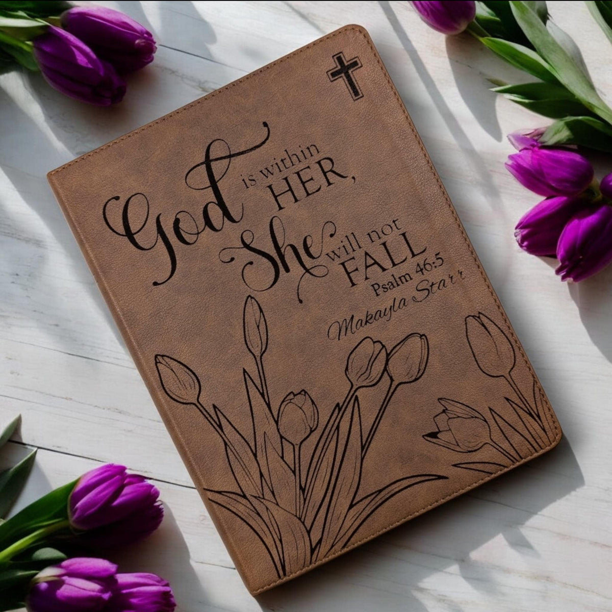 Personalized KJV Bible for Women: Engraved Tulip Flowers & Psalm 46-5, Wide Margin, Brown Leatherlike