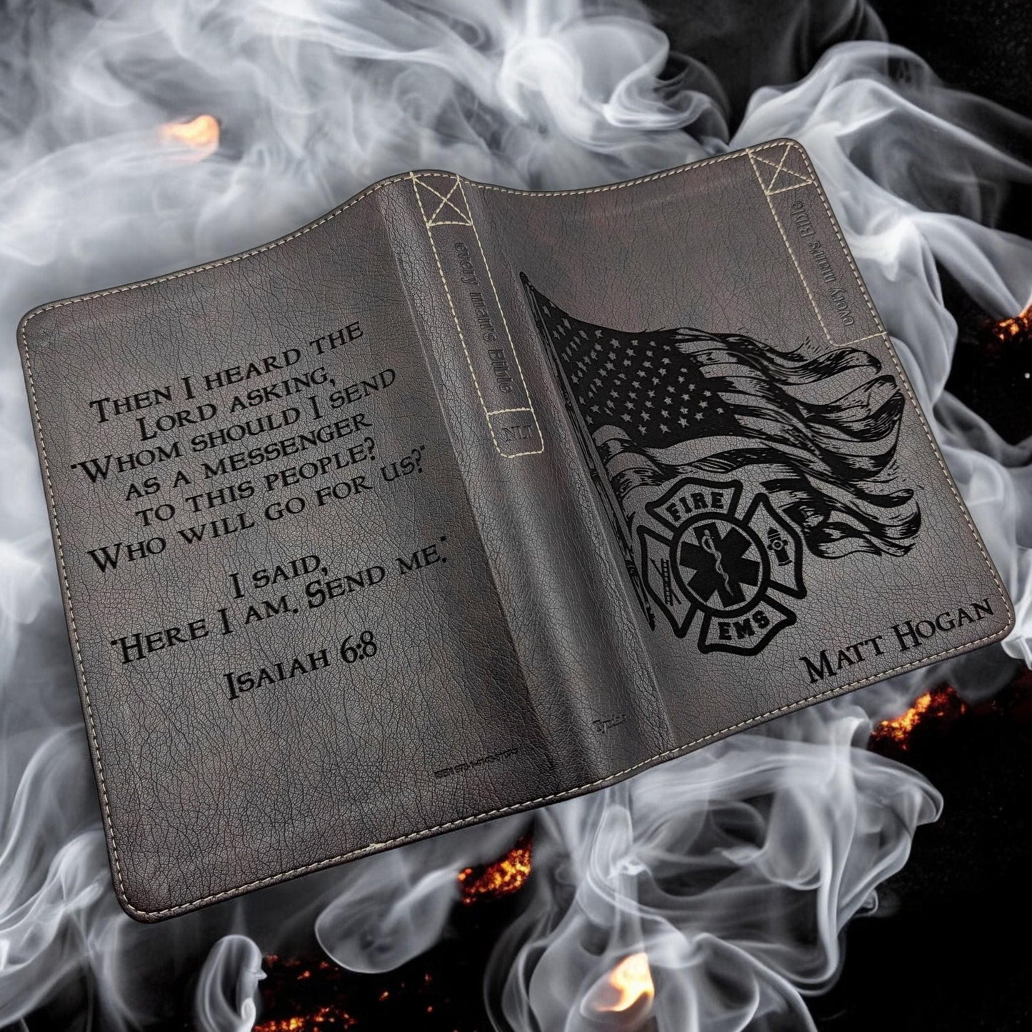 Personalized Every Man's Bible NLT: Engraved EMS and Firefighter, Brown Deluxe Edition