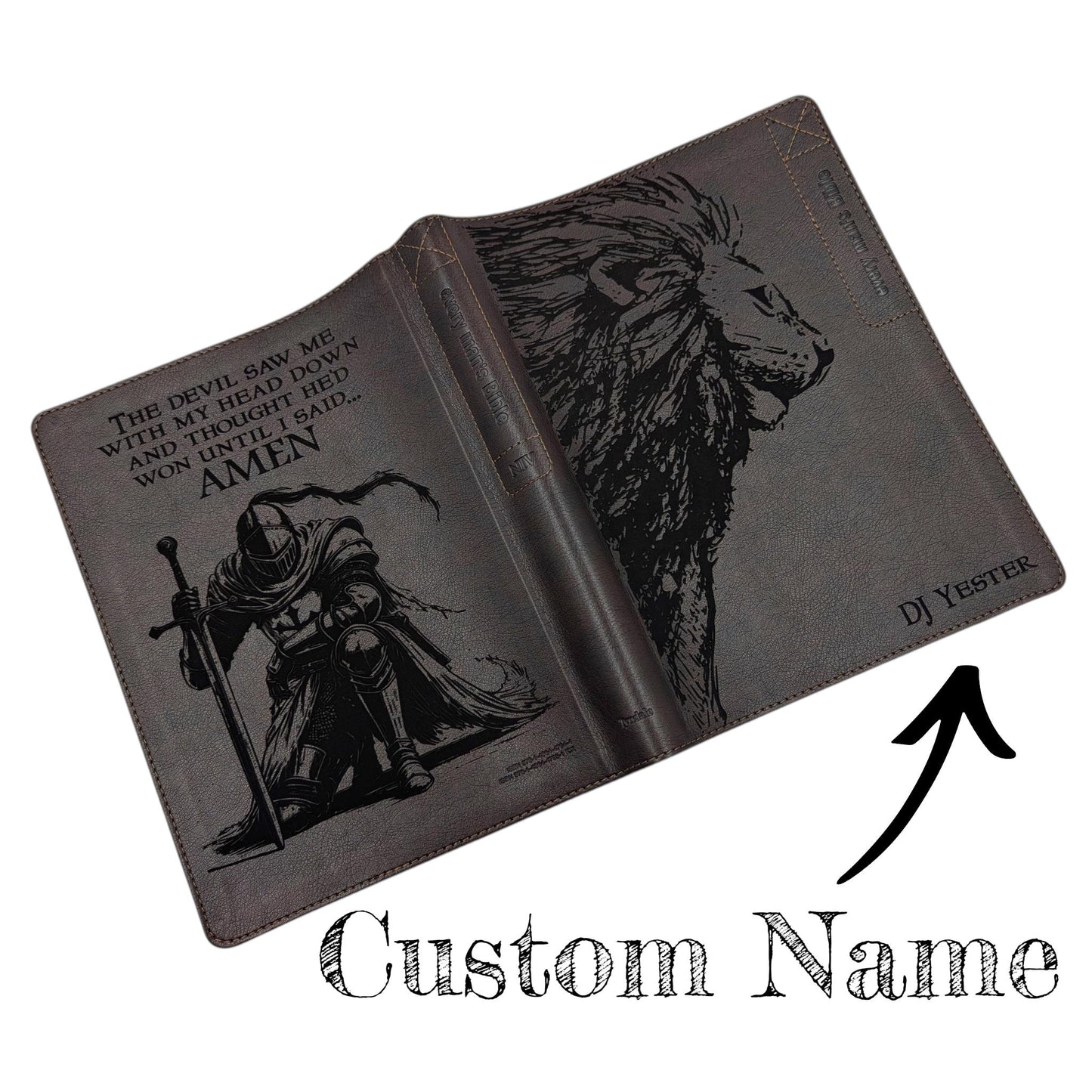 Personalized Every Man's Large Print NIV Bible: Engraved Lion and Kneeling Warrior, Brown Leatherlike