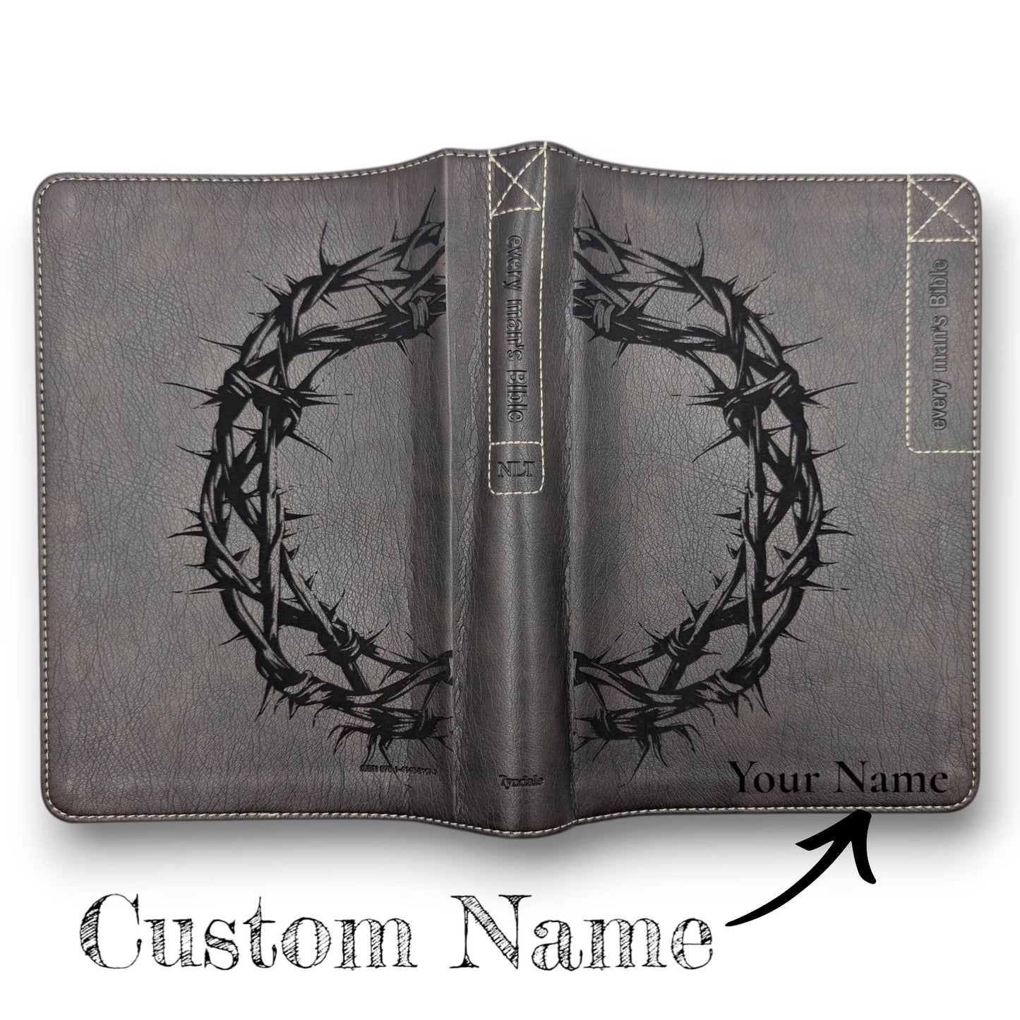 Personalized Every Man's Bible NLT: Engraved Full Crown of Thorns, Brown Deluxe Edition