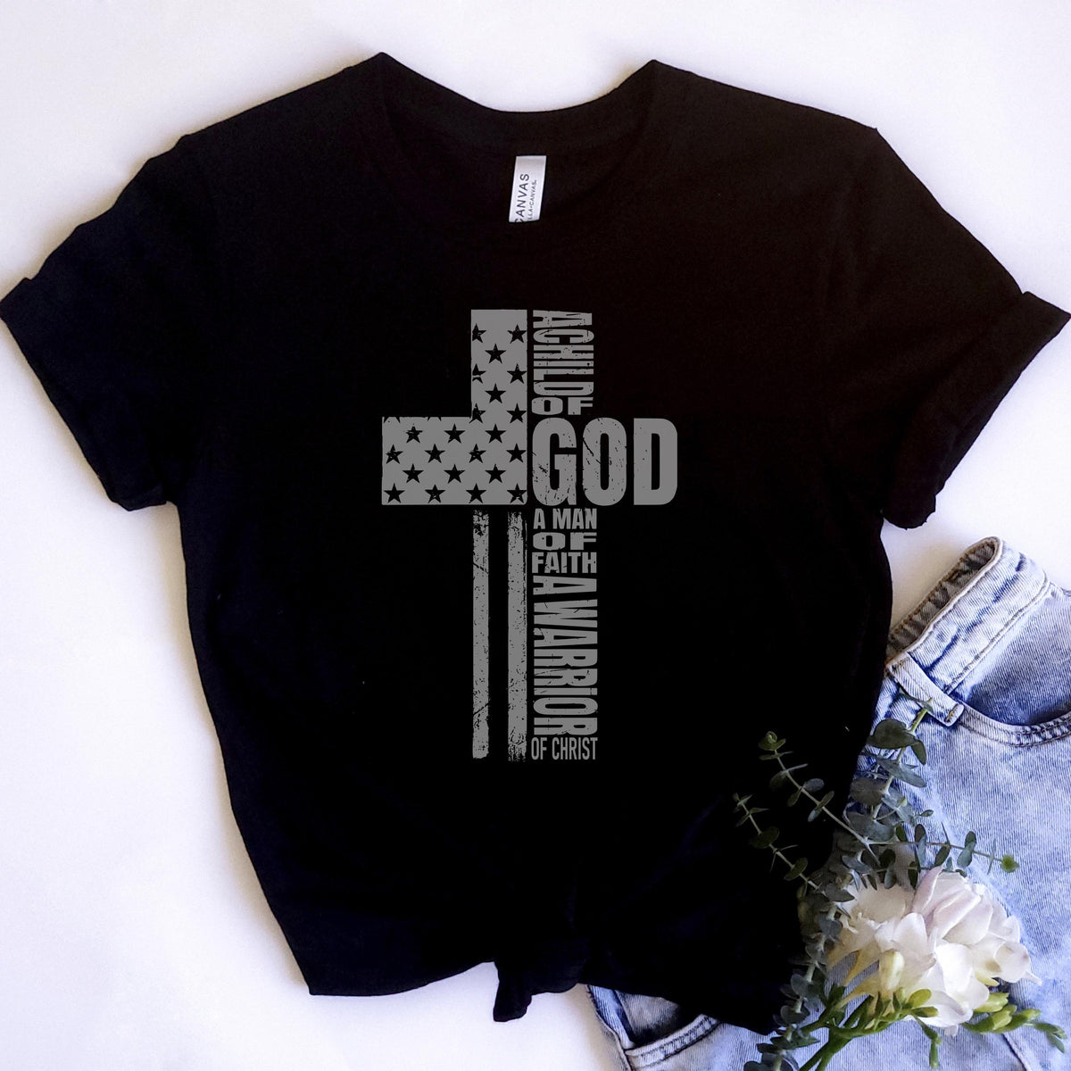 Child of God Warrior T-Shirt: Christian Flag Cross Design