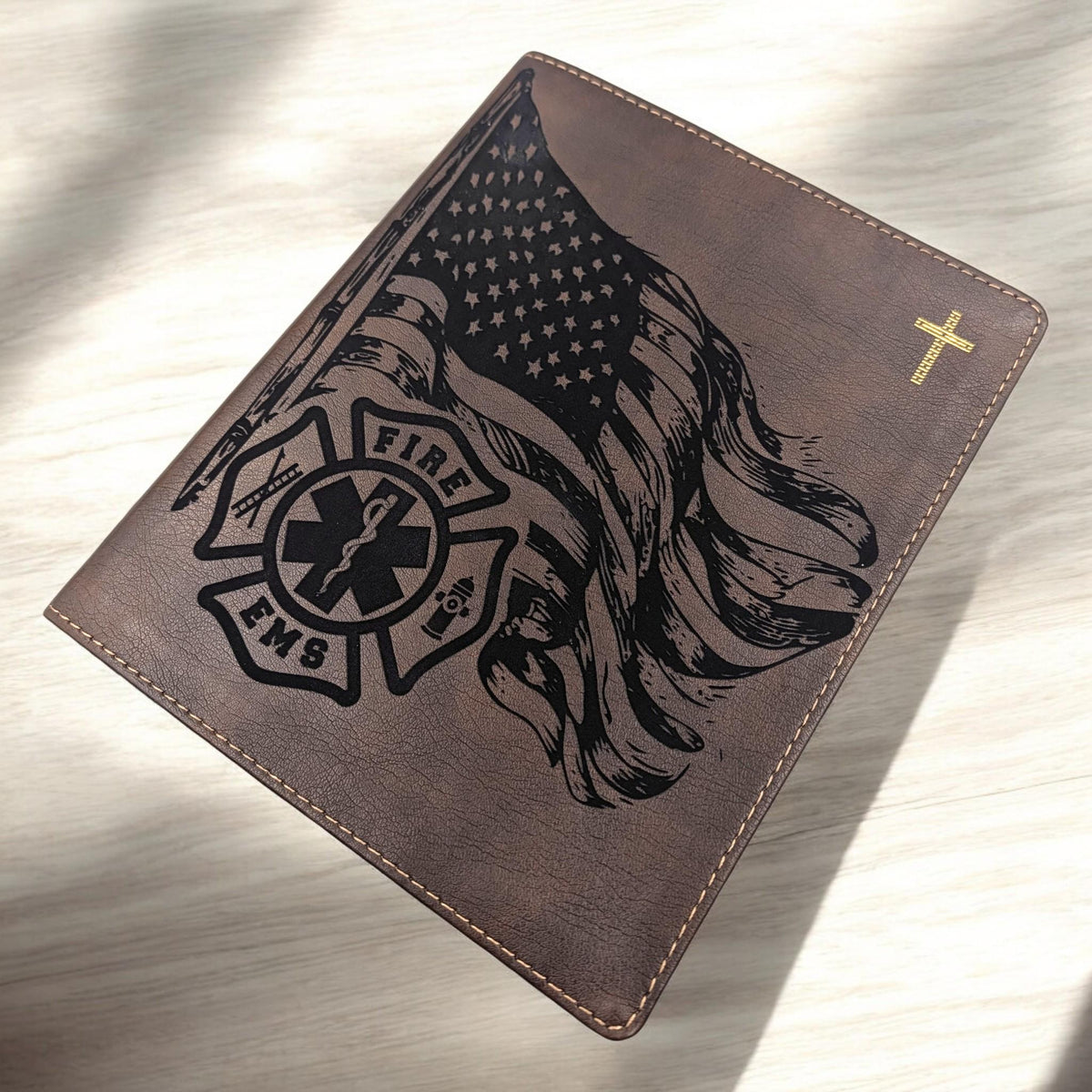 Personalized NIV Journal Bible: Engraved EMS Firefighter and American Flag, Lined Wide Margins