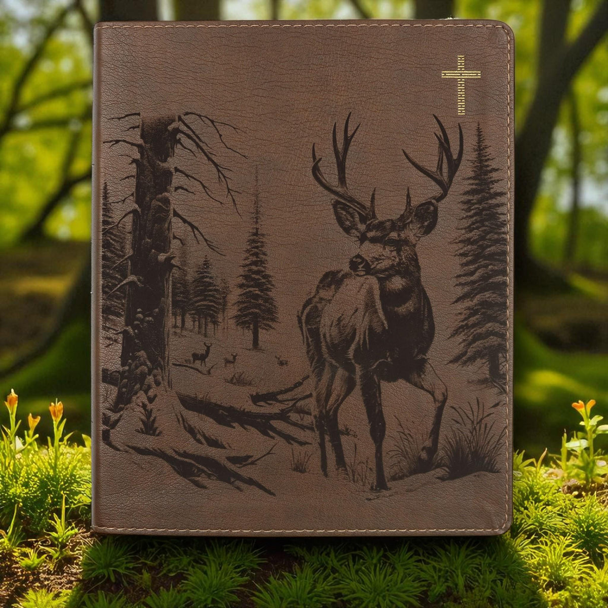 Personalized NIV Journal Bible: Engraved Buck Deer and Nature Scene, Lined Wide Margins