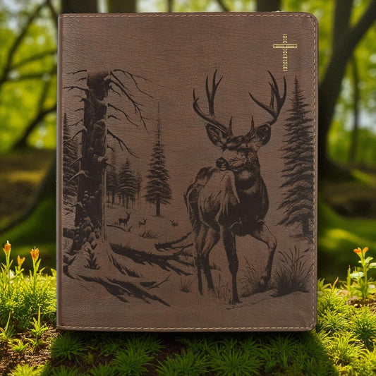 Personalized NIV Journal Bible: Engraved Buck Deer and Nature Scene, Lined Wide Margins