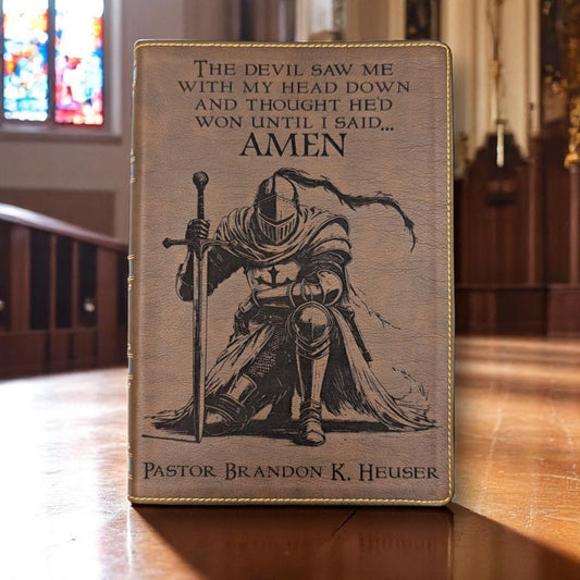 Personalized NKJV Bible with References: Engraved Kneeling Warrior, Wide Margins