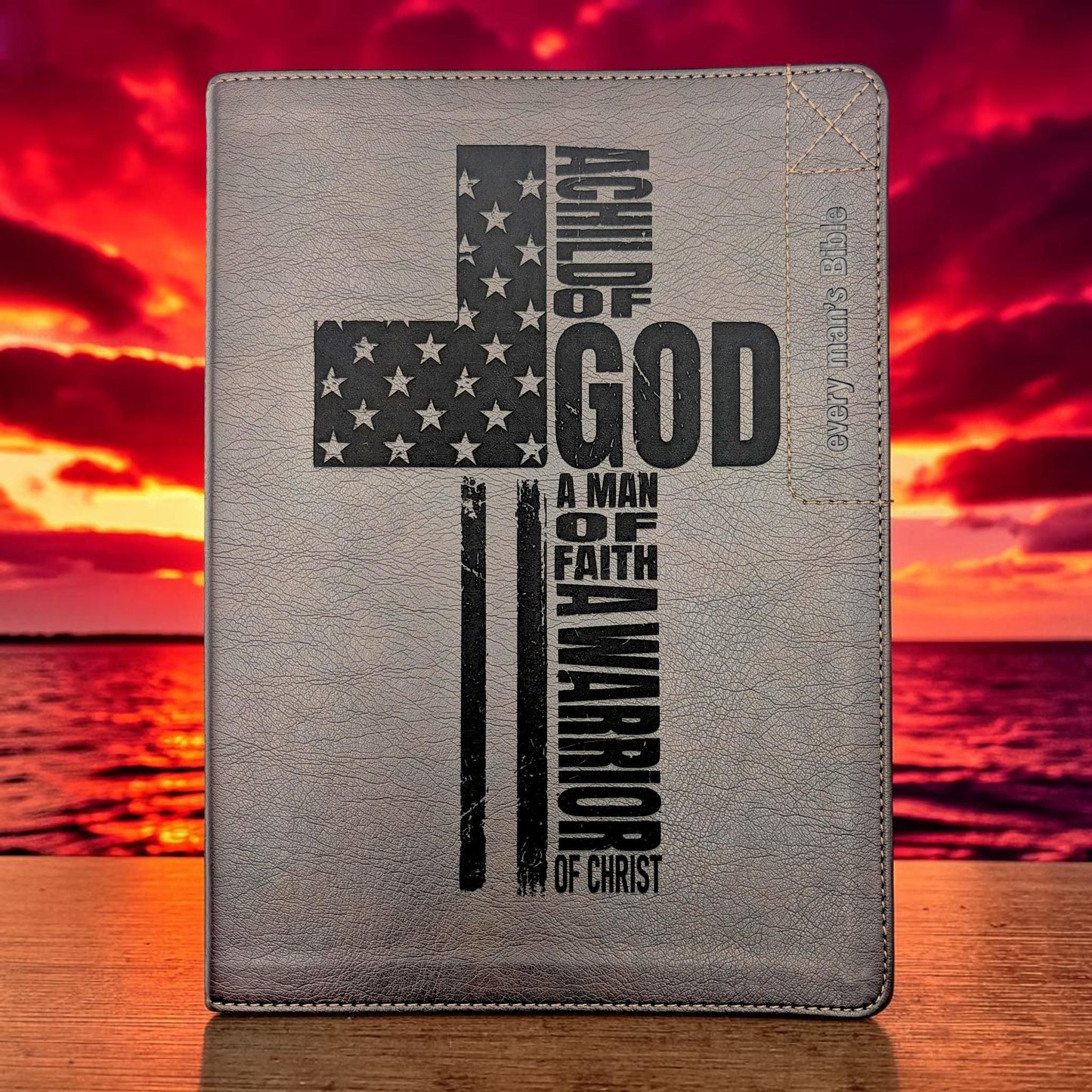 Personalized Every Man's Large Print NIV Bible: Engraved Flag Cross, Brown Leatherlike