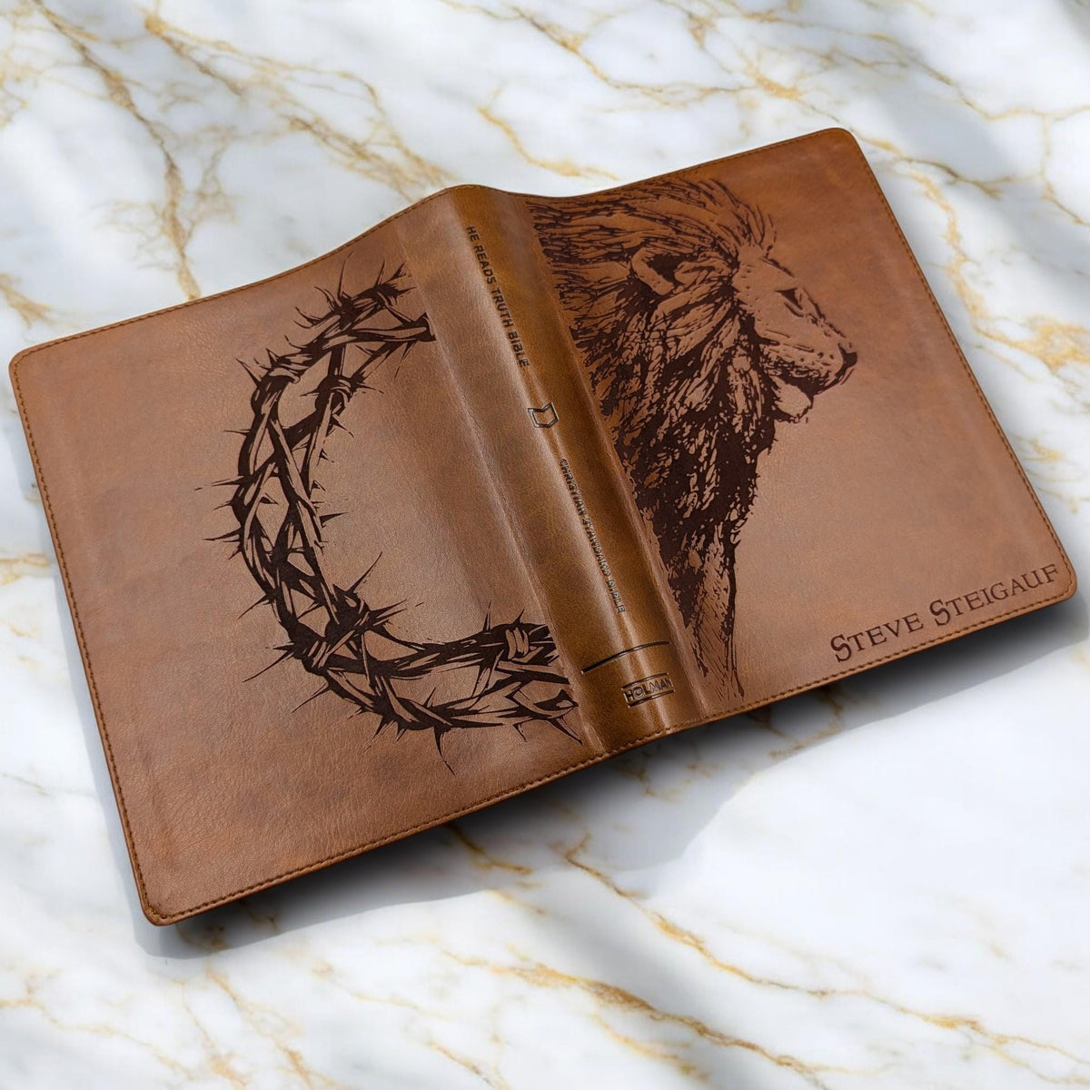 Personalized CSB He Reads Truth Bible: Engraved Lion & Crown, Brown Leatherlike, Wide Margin