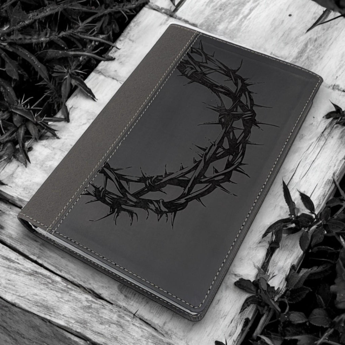 Personalized NIV Bible Large Print: Engraved Crown of Thorns, Black Leatherlike