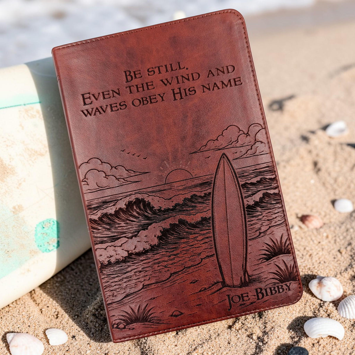 Personalized ESV Bible Large Print: Engraved with Ocean Waves and Surfboard Design, Custom Name