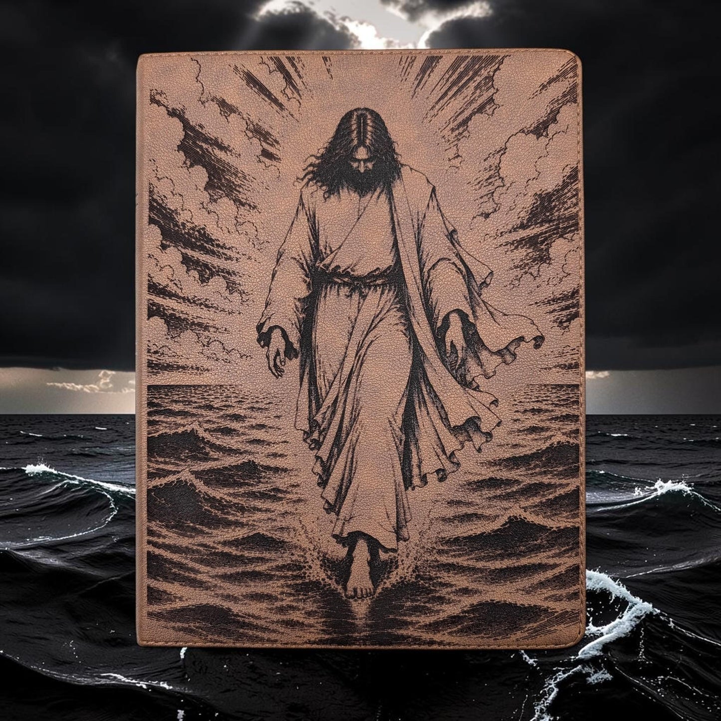 Personalized KJV Bible: Jesus Walking on Water Engraving, Wide Margin, Brown Leatherlike