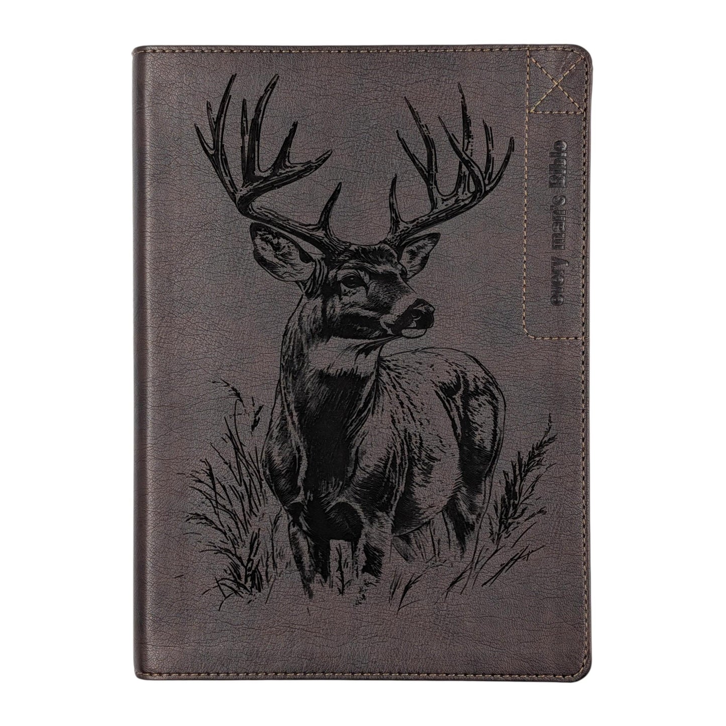 Personalized Every Man's Large Print NLT Bible: Engraved Buck Deer, Brown, Optional Thumb Index