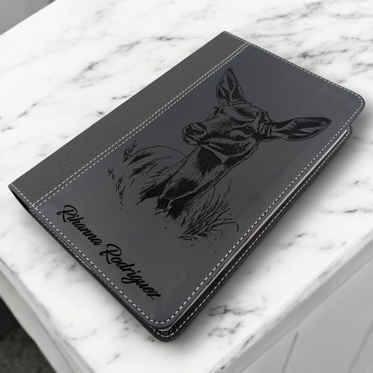 Personalized NIV Bible Large Print: Engraved Doe Deer, Black Leatherlike, Optional Thumb Index