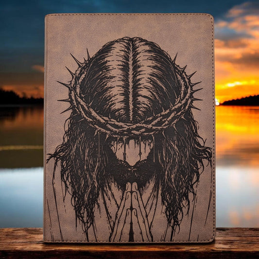 Personalized KJV Bible: Praying Jesus with Crown of Thorns Engraving, Wide Margin, Brown Leatherlike