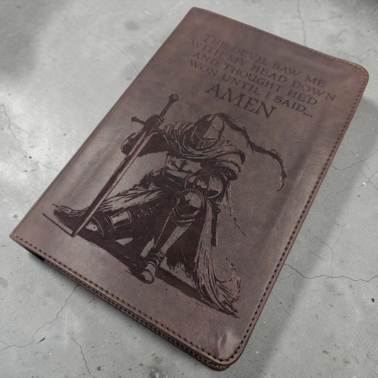 Personalized ESV Study Bible: Engraved Kneeling Warrior, Brown Leatherlike, Personal Size