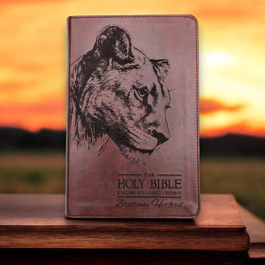 Personalized ESV Bible Large Print: Engraved Lioness and Holy Bible