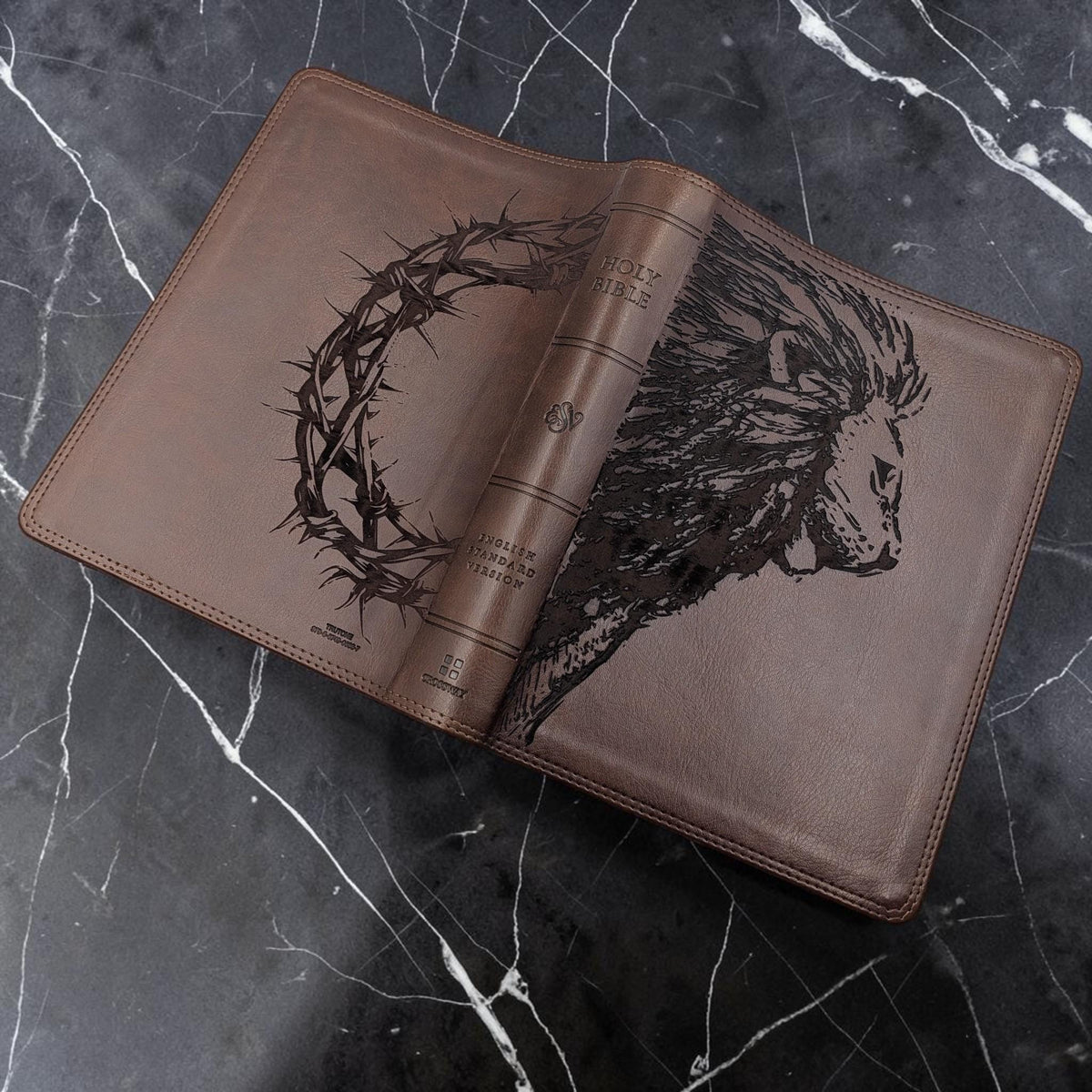 Personalized ESV Bible Giant Print: Engraved Lion and Crown of Thorns, Brown Leatherlike