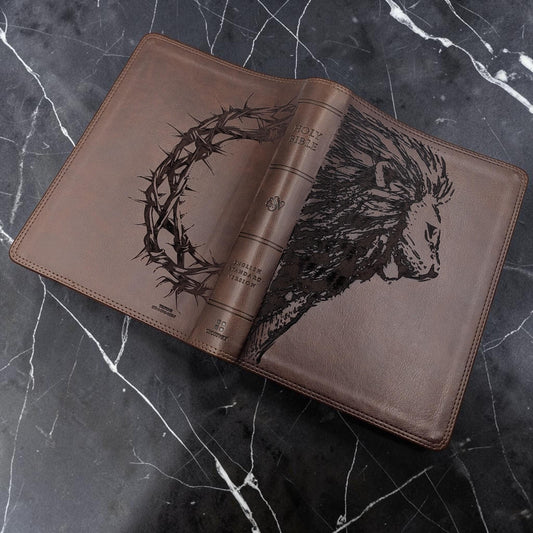 Personalized ESV Bible Giant Print: Engraved Lion and Crown of Thorns, Brown Leatherlike