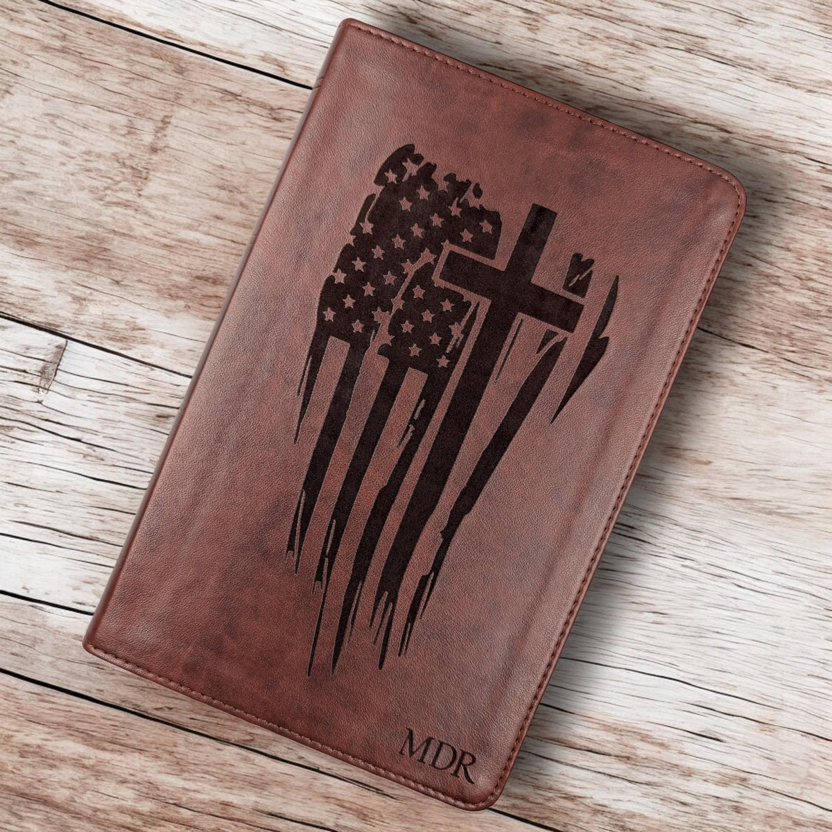 Personalized ESV Bible Large Print: Engraved American Flag, Cross and Custom Name