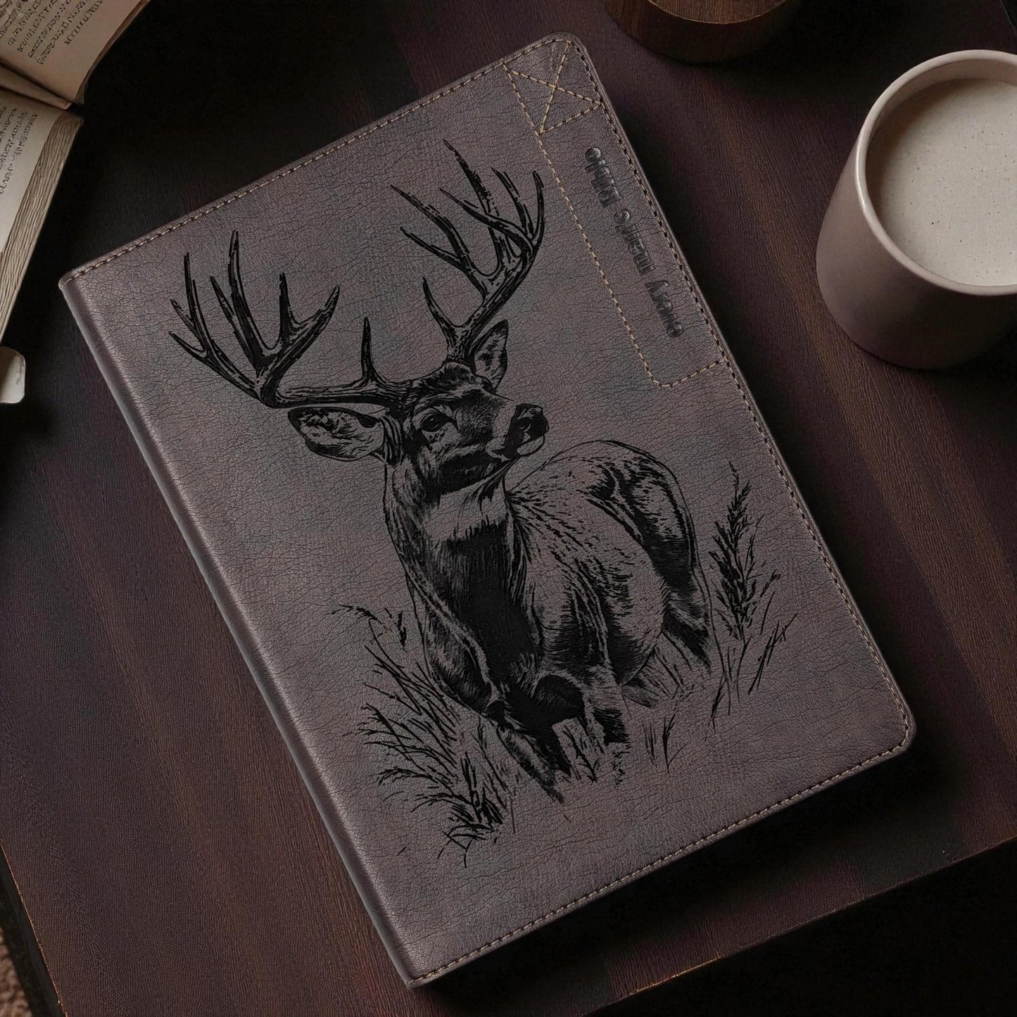 Personalized Every Man's Large Print NLT Bible: Engraved Buck Deer, Brown, Optional Thumb Index