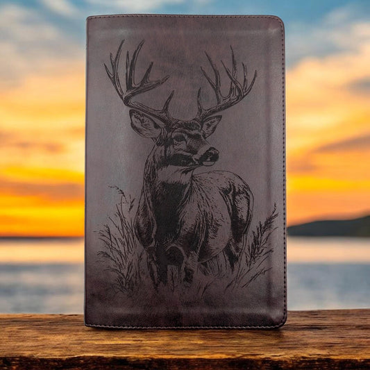 Personalized ESV Thinline Bible Large Print: Engraved Buck Deer Design, Mahogany Leatherlike Cover