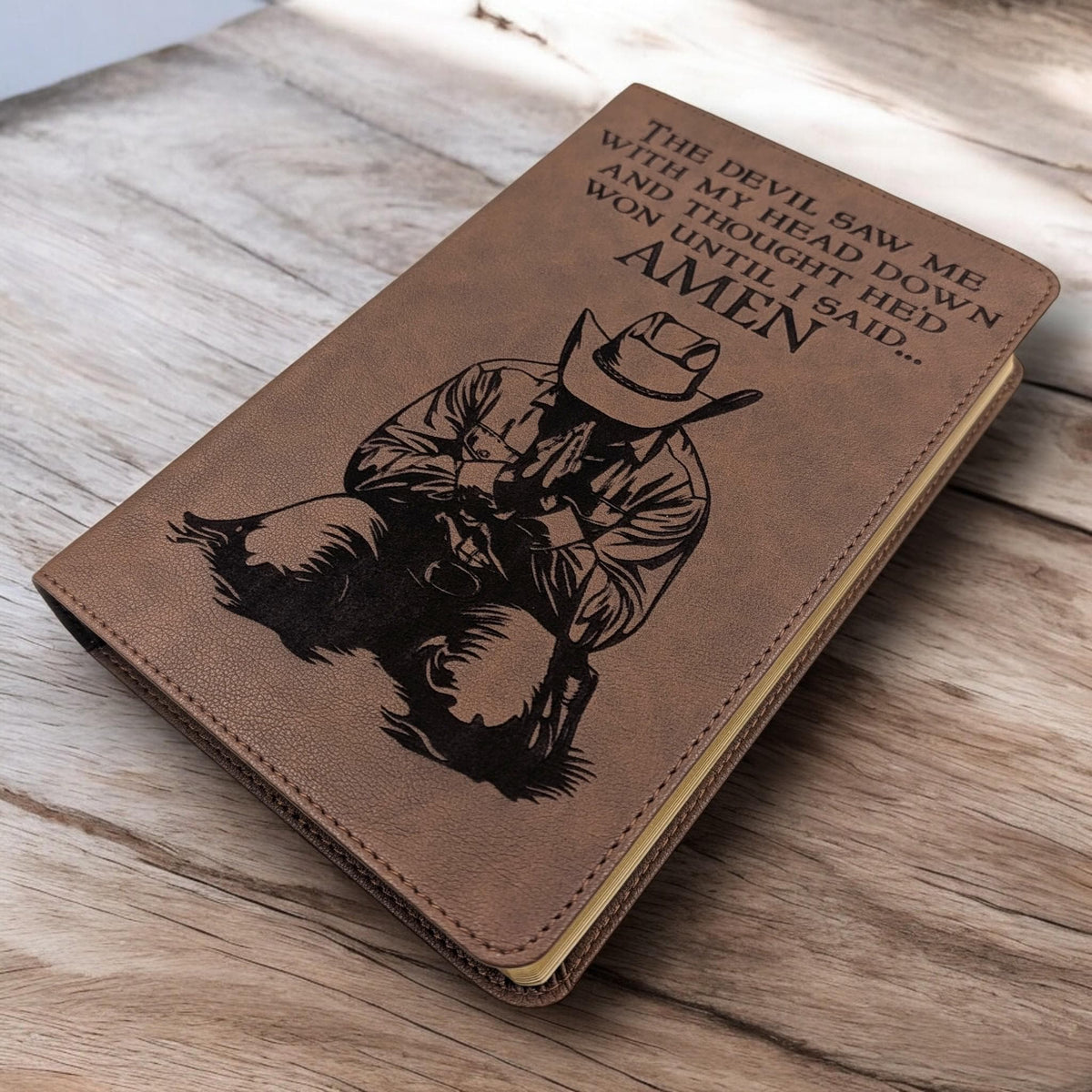 Personalized KJV Bible Personal Size: Engraved Kneeling Praying Cowboy, Brown Leatherlike