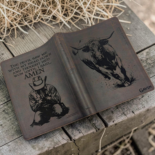 Personalized Every Man's Large Print NLT Bible: Engraved Rodeo Bull & Kneeling Cowboy, Brown Cover