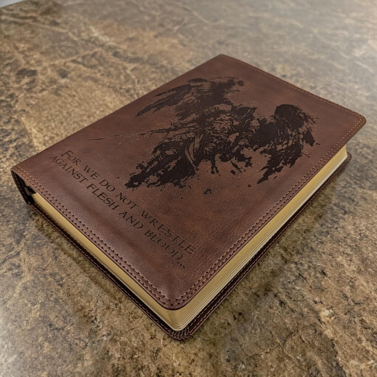 Personalized ESV Bible Giant Print: Engraved Michael the Archangel & Kneeling Warrior, Deep Brown Leatherlike