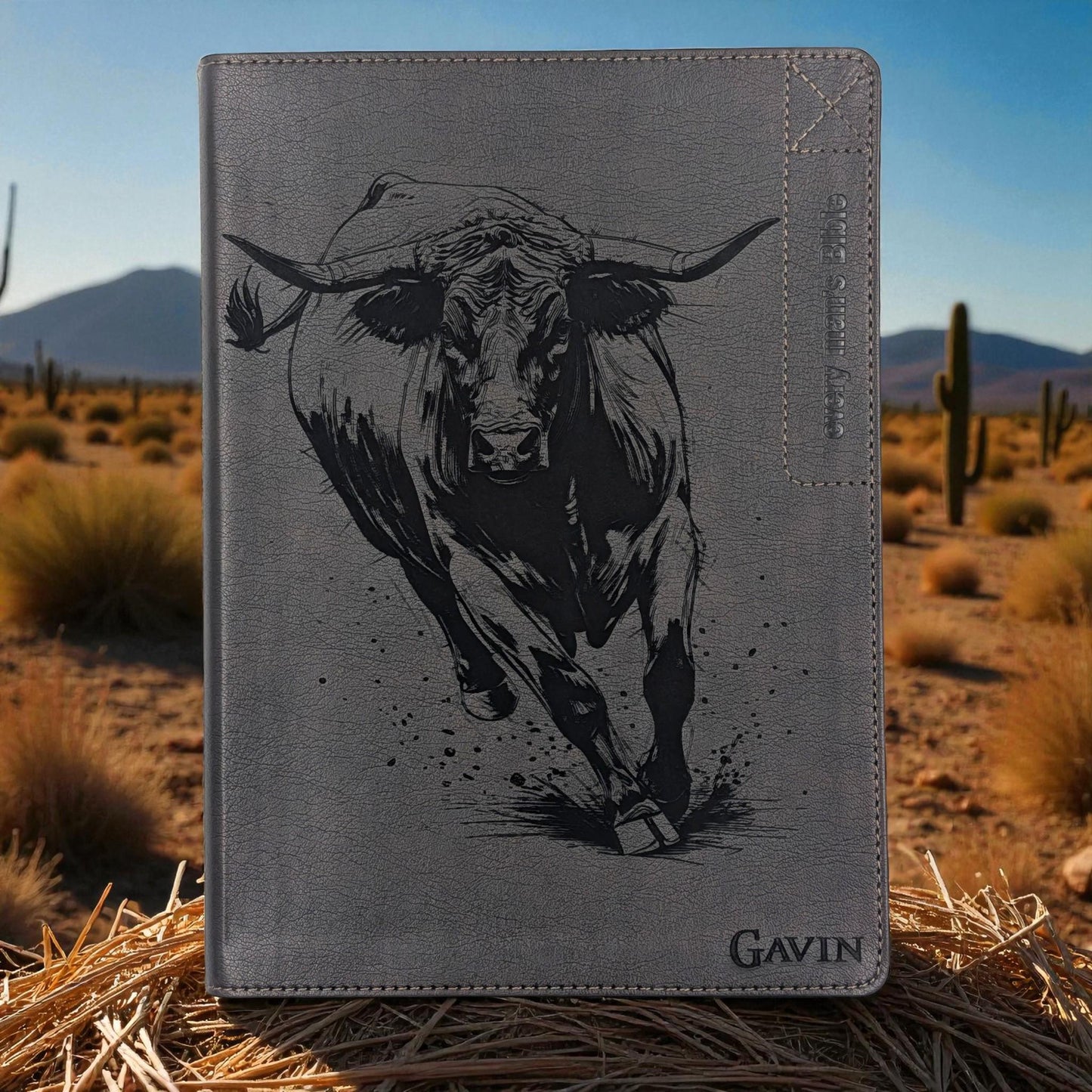 Personalized Every Man's Large Print NIV Bible: Engraved Rodeo Bull and Kneeling Cowboy, Brown
