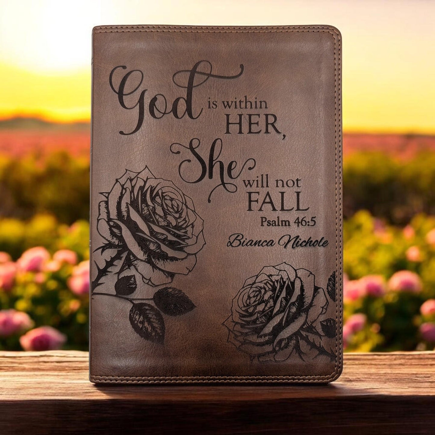 Personalized ESV Bible Giant Print (Brown): Rose Engraving Psalm 46 5, Gift for Her