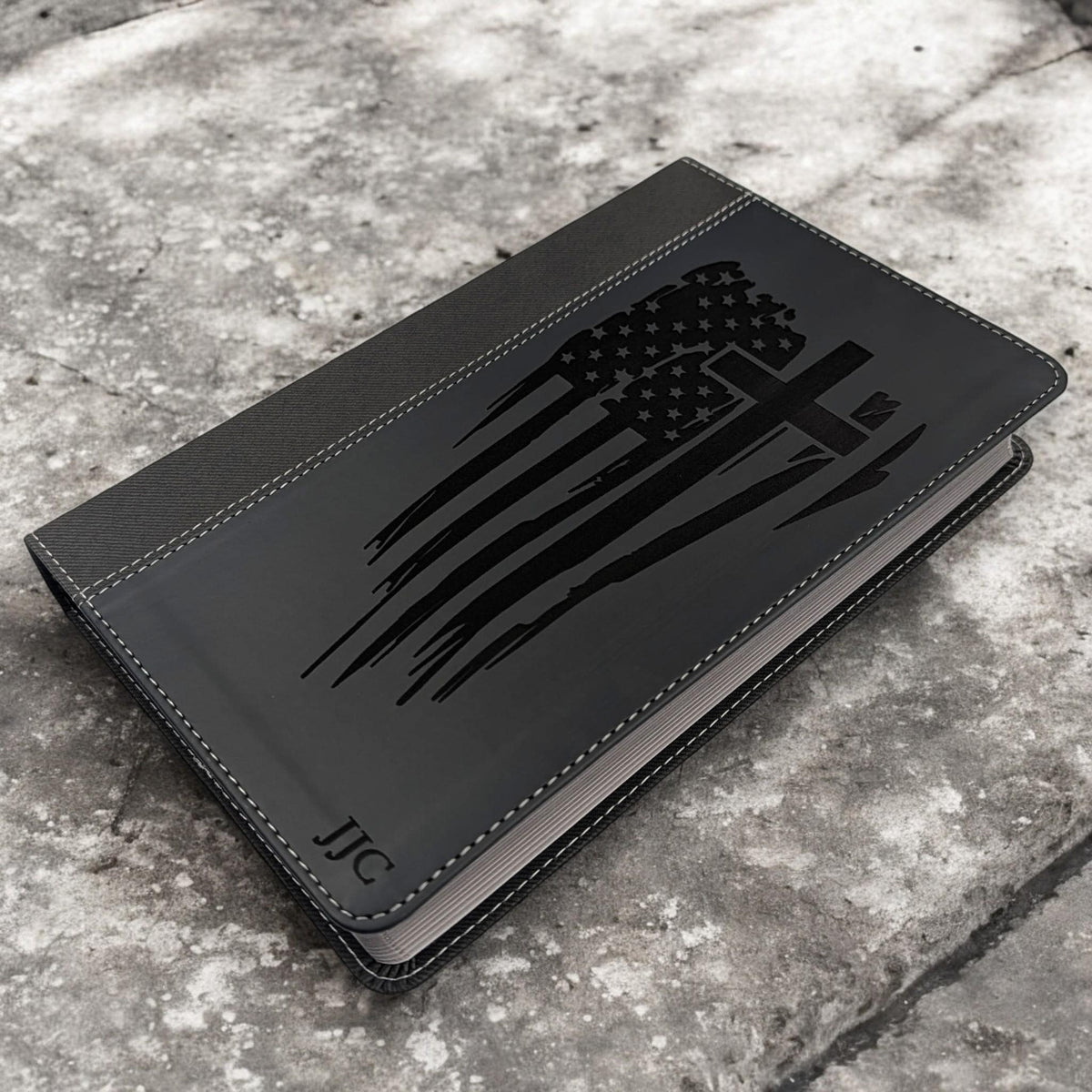 Personalized NIV Bible Large Print: Engraved American Flag and Cross, Black Leatherlike