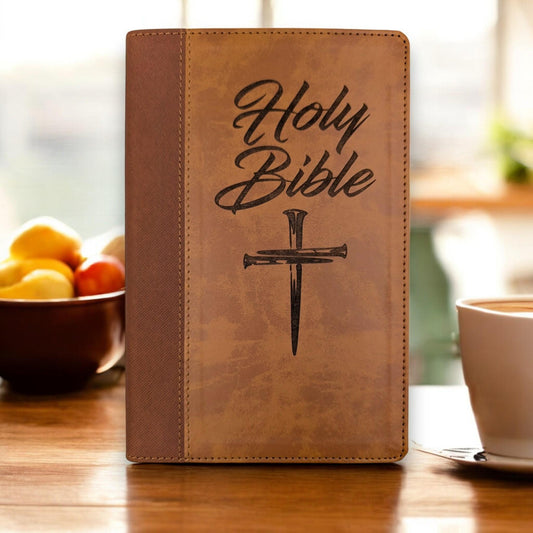 Personalized NIV Bible Large Print, Thumb Index: Engraved Cross of Nails, Brown Leatherlike
