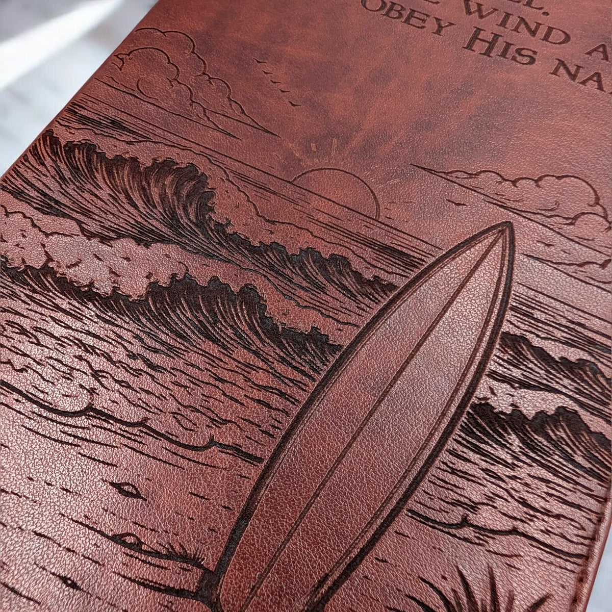 Personalized ESV Bible Large Print: Engraved with Ocean Waves and Surfboard Design, Custom Name