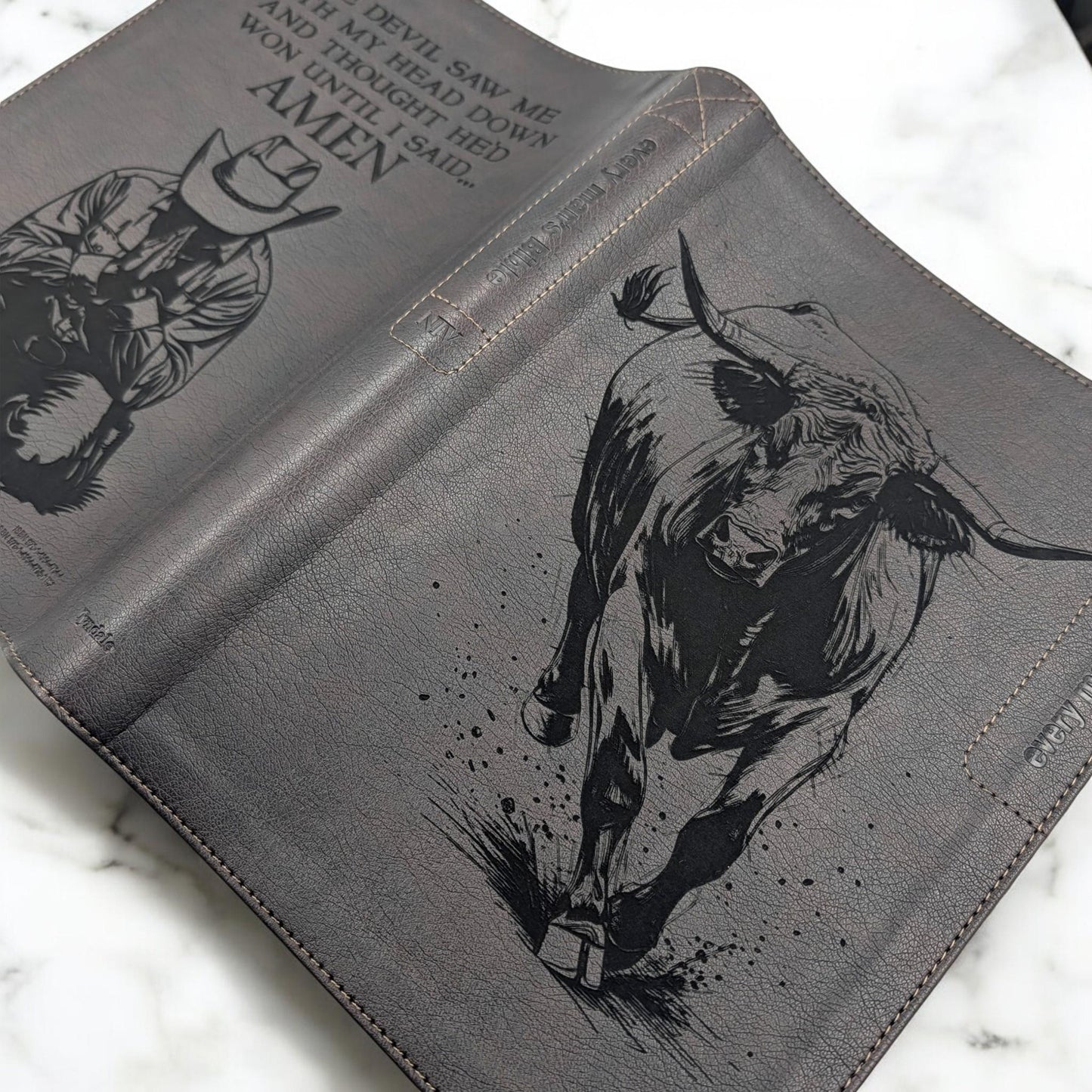 Personalized Every Man's Large Print NIV Bible: Engraved Rodeo Bull and Kneeling Cowboy, Brown