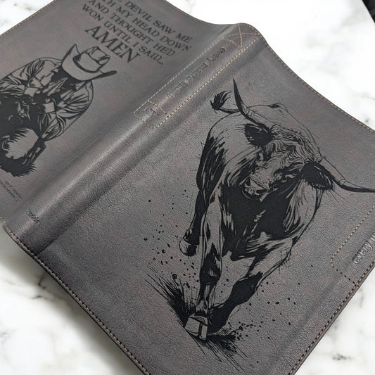 Personalized Every Man's Large Print NIV Bible: Engraved Rodeo Bull and Kneeling Cowboy, Brown