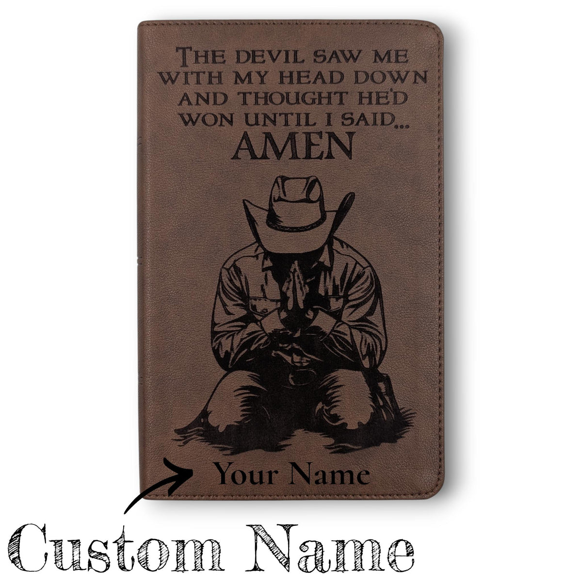Personalized KJV Bible Personal Size: Engraved Kneeling Praying Cowboy, Brown Leatherlike