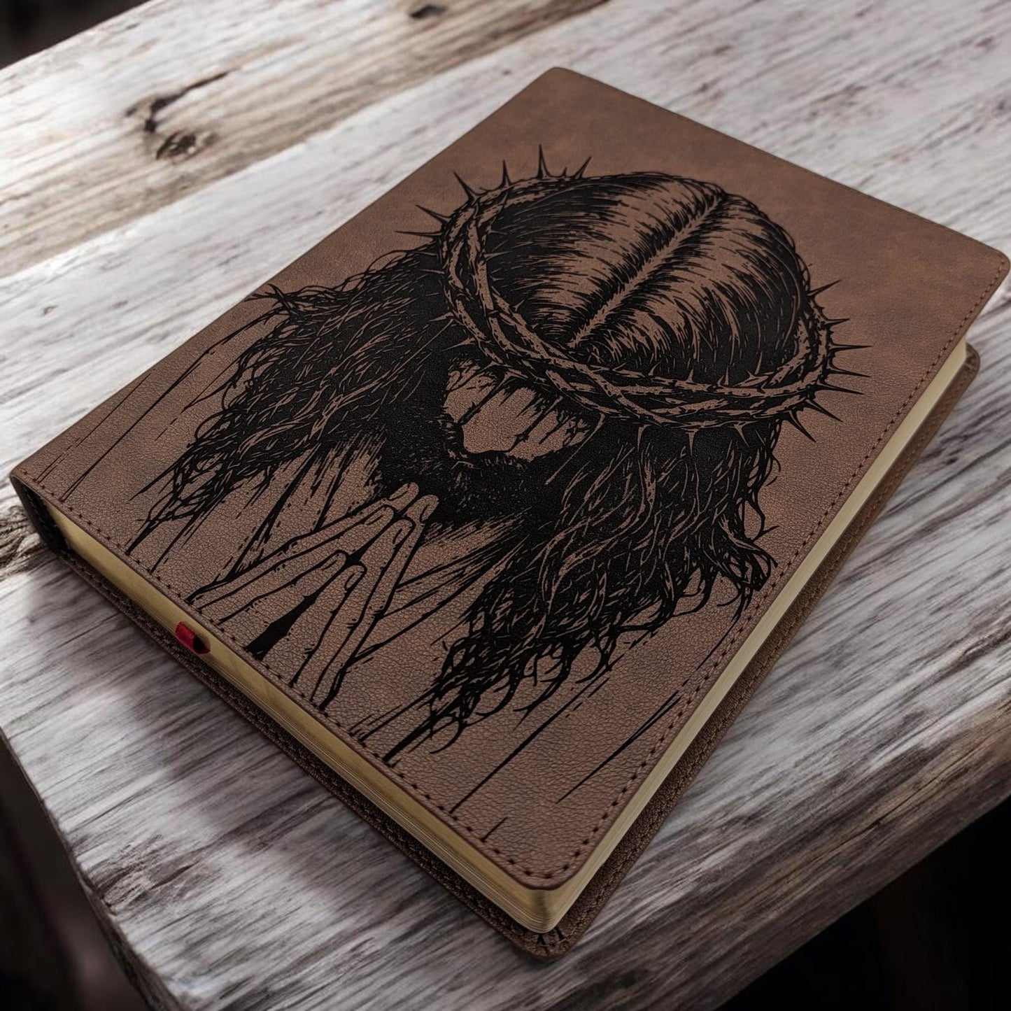 Personalized KJV Bible: Praying Jesus with Crown of Thorns Engraving, Wide Margin, Brown Leatherlike