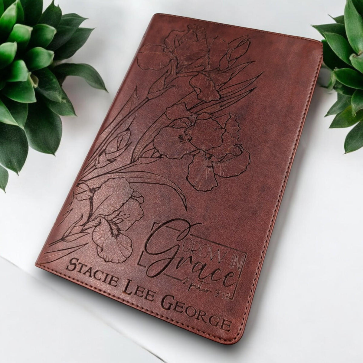 Personalized ESV Bible Large Print: Engraved Iris Flower, Crown of Thorns - Grow in Grace