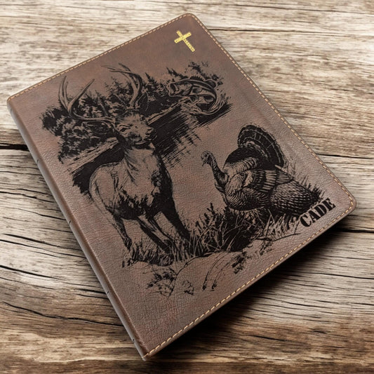 Personalized NIV Journal Bible: Engraved Deer Fish Turkey, Lined Wide Margins