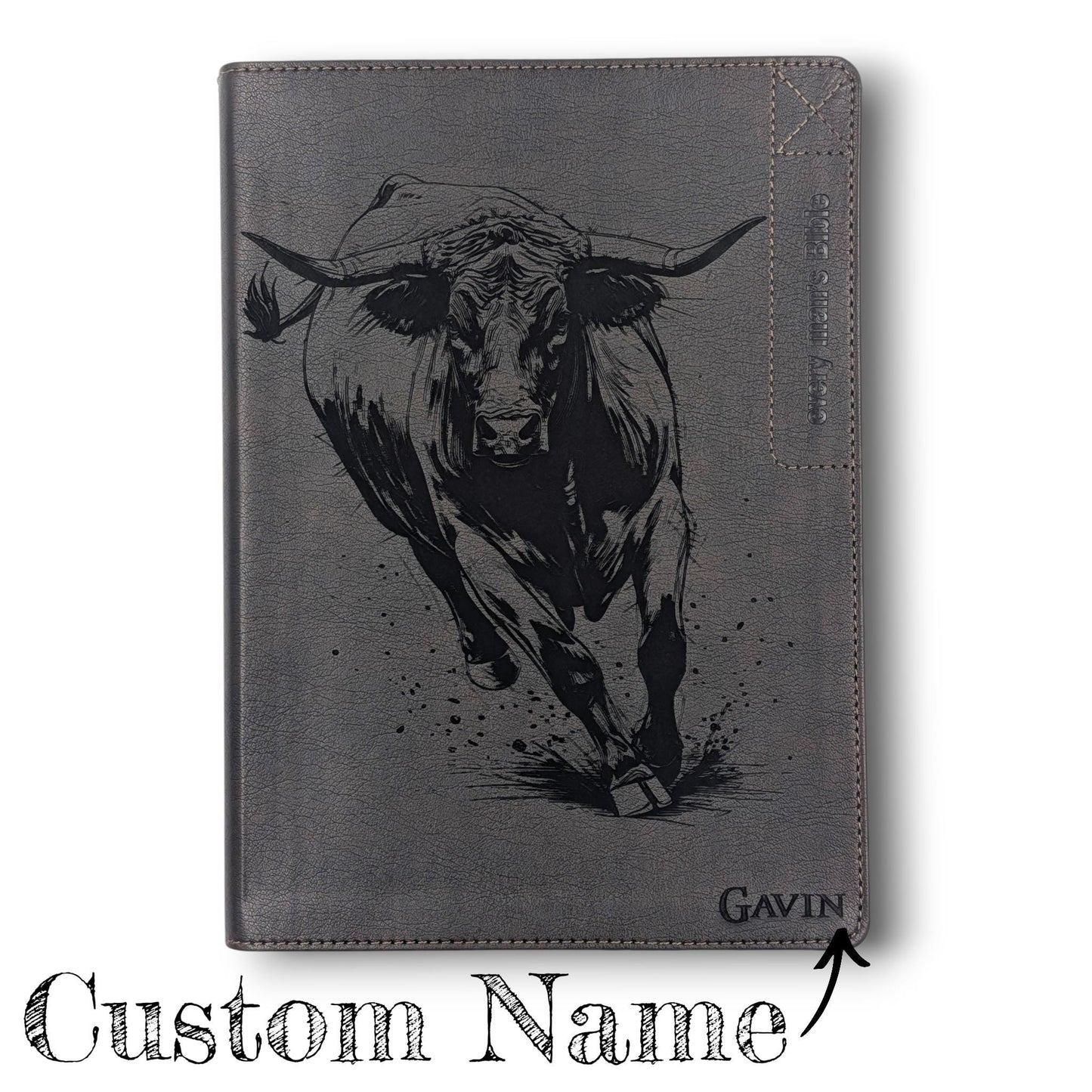 Personalized Every Man's Large Print NLT Bible: Engraved Rodeo Bull & Kneeling Cowboy, Brown Cover