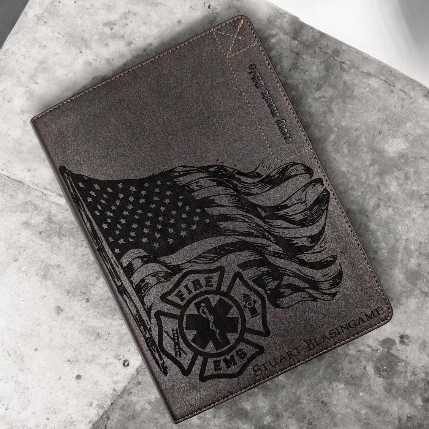 Personalized Every Man's Large Print NLT Bible (Brown): Engraved EMS & Firefighter, Optional Thumb Index