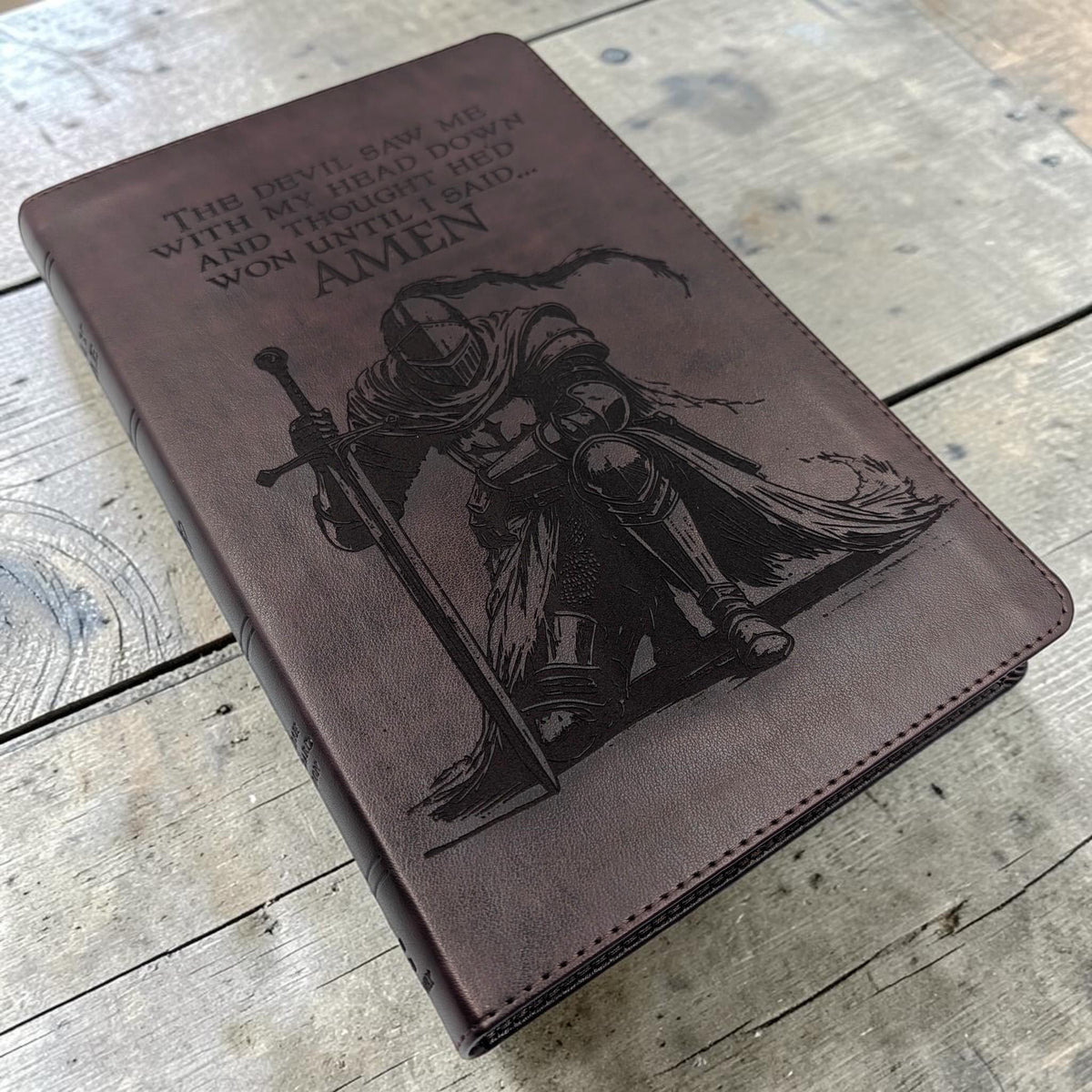 Personalized ESV Thinline Bible Large Print: Engraved Kneeling Warrior, Mahogany Cover, Red Letter
